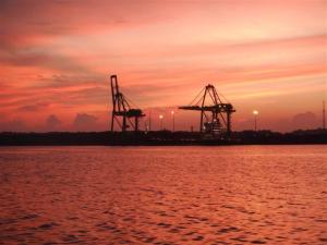 Pink glow over the container port