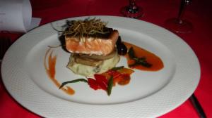 Pan seared fillet of Norwegian wild salmon with fennel root, truffle mash and berry barbecue sauce 