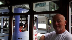 Bill watching the tram coming the other way.