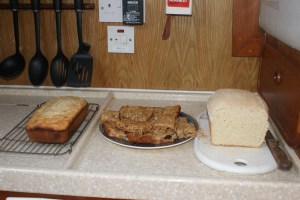 Banana bread, muesli cookies and fresh bread, yummy.